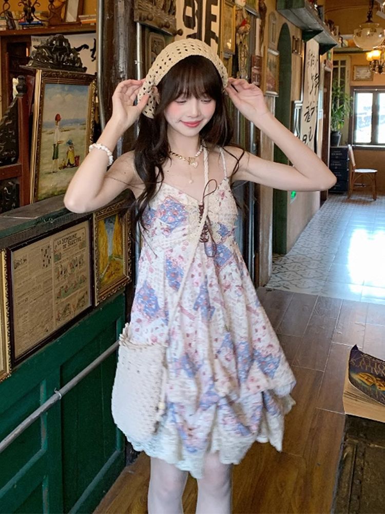 Summer Vintage Cami Dress Set  - Elastic Lace Trim ulasan dan harga